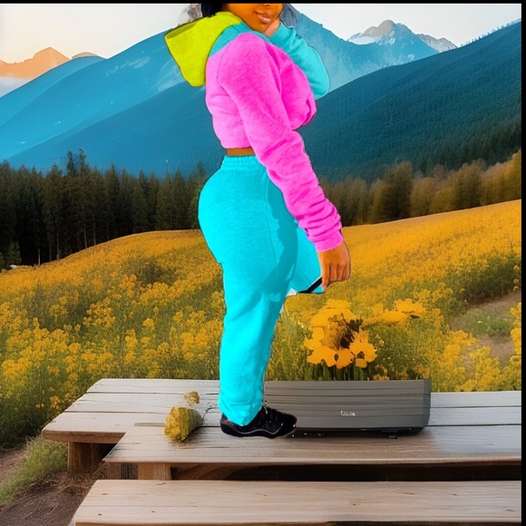 “LUCKY GIRL” Printed On Top & Bottoms Hooded Crop Sweatshirt & Joggers Outfit - Picture 5 of 7